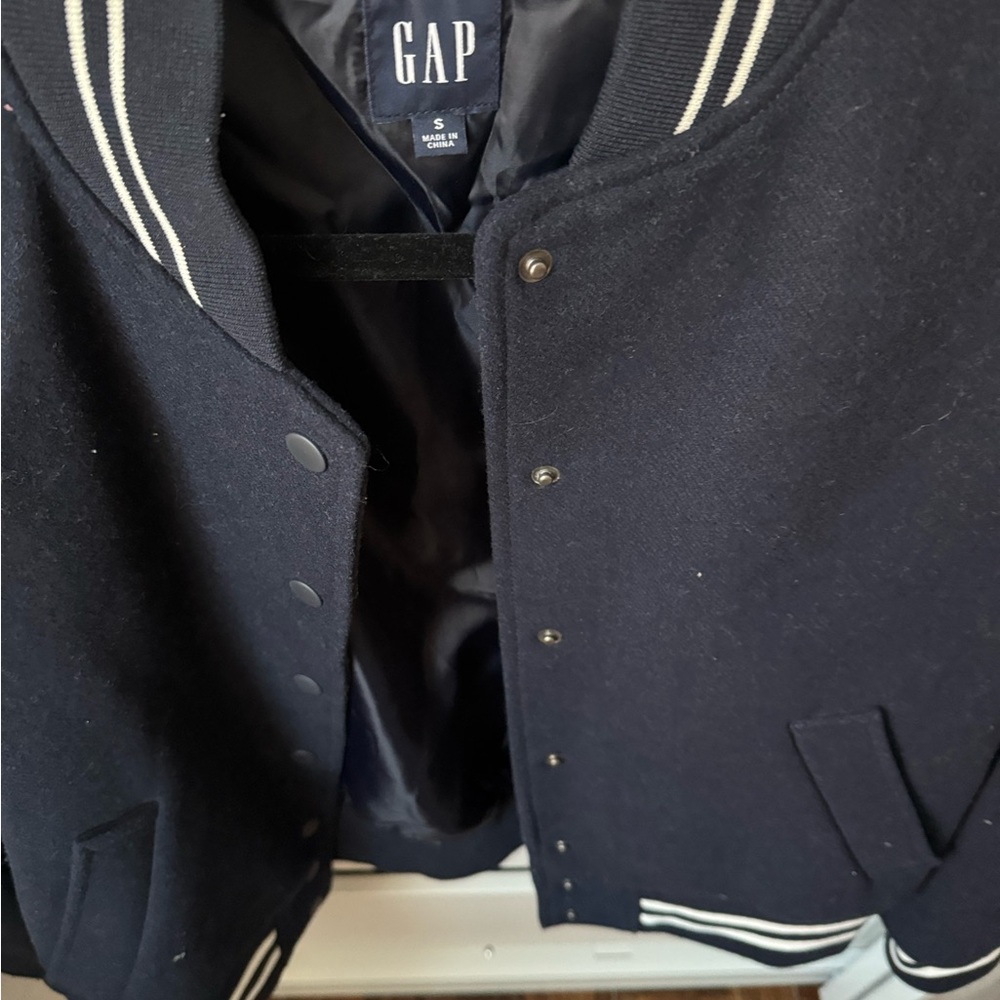 GAP women’s Navy Varsity Jacket with White Stripes